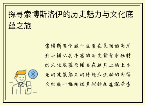 探寻索博斯洛伊的历史魅力与文化底蕴之旅