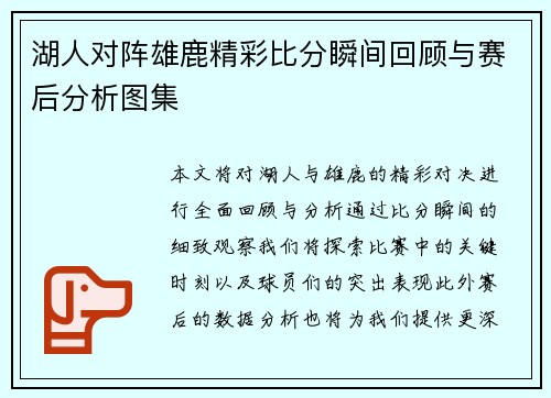 湖人对阵雄鹿精彩比分瞬间回顾与赛后分析图集